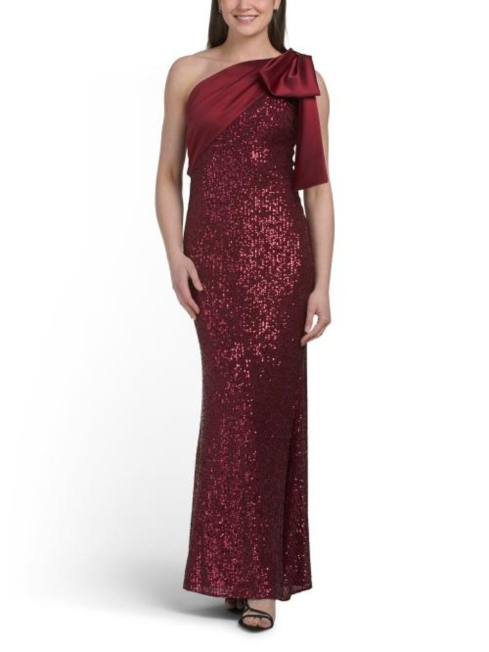 BETSY & ADAM Made In Usa One Shoulder Satin Sequin Gown
